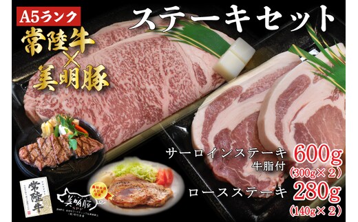 DT-23【常陸牛A5ランク・美明豚ステーキセット】常陸牛サーロインステーキ600g（300g×２枚）＋美明豚ロースステーキ280g（140g×２枚）