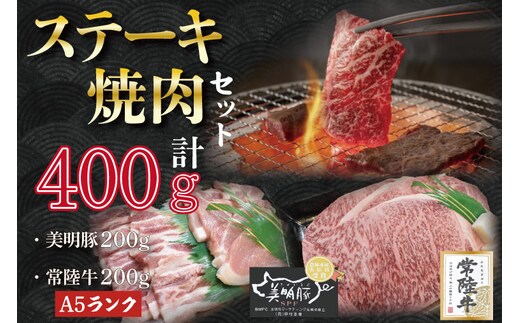 DT-37【常陸牛A5ランク・美明豚ステーキ焼肉セット】常陸牛サーロイン200ｇ＋美明豚200ｇ（ロース100ｇ・ばら100ｇ）