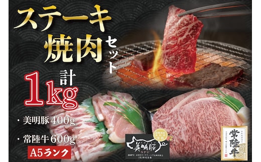 DT-38【常陸牛A5ランク・美明豚ステーキ焼肉セット】常陸牛サーロイン600ｇ（300ｇ×２枚）＋美明豚400ｇ（ロース200ｇ・ばら200ｇ）