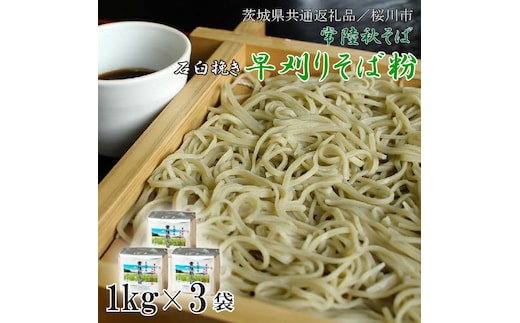 【茨城県共通返礼品/桜川市】【常陸秋そば】石臼挽き早刈りそば粉 1kg×3袋入｜そば そば粉 常陸秋そば 茨城県共通返礼品 桜川市 年越しそば 茨城県 行方市(DX-28)