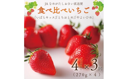 【2027年1月より順次発送】【3回定期便】【いちご食べ比べ】「いばらキッス」・「とちおとめ」・「やよいひめ」(4パック入×3回)JAなめがたしおさい直送便(AE-64)