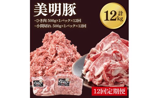 【12ヶ月定期便】【美明豚】ひき肉と小間切れのアソート 計1kg(各約500g×1パック)｜肉 お肉 ひき肉 小間切れ 豚肉 挽肉 美明豚 豚 ハンバーグ 焼き肉 焼肉 すき焼き 煮物 キーマカレー 茨城県 行方市(DH-30)
