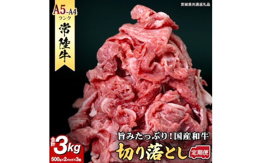 【定期便】 全3回 【 常陸牛 】 切り落とし 1kg (茨城県共通返礼品) 国産 切落し 焼肉 焼き肉 お肉 A4ランク A5ランク ブランド牛 小分け [BX87-NT]