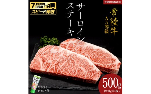 ＼ スピード発送／【 常陸牛 】 A5 等級 サーロインステーキ 500g (250g×2枚) あらぎり わさび 付 （茨城県 共通返礼品：守谷市） ひたちぎゅう ブランド牛 ステーキ サーロイン 国産牛 黒毛和牛 和牛 国産黒毛和牛 お肉 A5ランク 山葵 ワサビ [BX93-NT]
