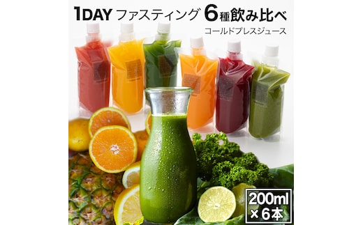 【1日ファスティングに最適】1day fasting コールドプレスジュース 6本セット 200ml×6種 酵素たっぷり 新鮮 野菜 果物使用[DZ26-NT]