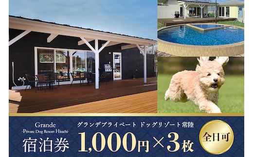 グランデ プライベート ドッグリゾート常陸宿泊券 1,000円×3枚（全日可） 72-F