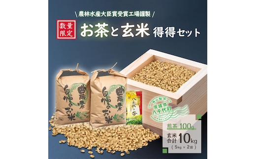 【数量限定】令和7年産 コシヒカリ 10kg 農林水産大臣賞受賞工場謹製のお茶と玄米得得セット [AE007ya]