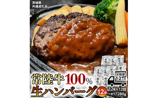 【茨城県共通返礼品】【12ヶ月定期便】 黒毛和牛 常陸牛 100% 特製 プレミアム 生ハンバーグ 120g×12個入り 合計1,440g 八千代町産 白菜 使用 無添加 無着色 保存料不使用 冷凍 牛 牛肉 ビーフ 生 ハンバーグ こだわり [AU059ya]