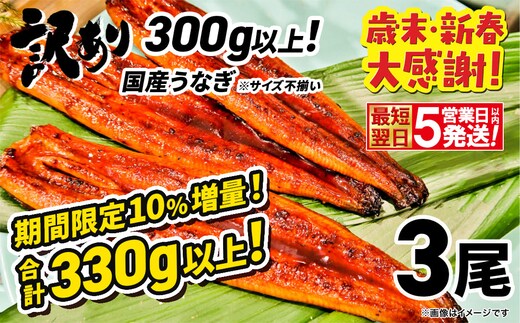 〈最短翌日発送〉【訳あり】さかい河岸水産 国産 うなぎ 蒲焼き 3尾 300g以上⇒330g以上！ ※サイズ不揃い 小分け K1804