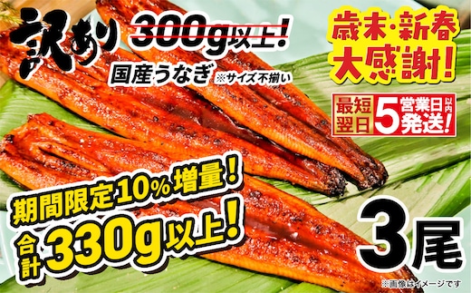 〈最短翌日発送〉【訳あり】さかい河岸水産 国産 うなぎ 蒲焼き 3尾 300g以上⇒330g以上！ ※サイズ不揃い 小分け K1804