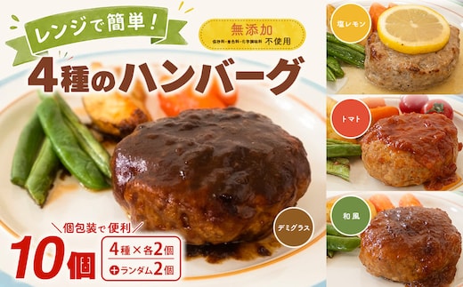◎無添加◎ 4種のハンバーグ 食べ比べ ローズポーク使用 詰合せ 国産 特製ソース 10個 個包装 ハンバーグ 冷凍 小分け 簡単 詰め合わせ はんばーぐ 惣菜 ソース付 ジューシー 柔らかい 弁当 特製 人気 ポーク 冷凍食品 おかず K2716