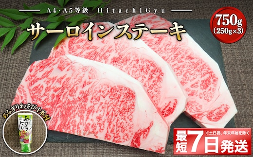 K2421 <最短7日発送> 常陸牛A5等級 サーロインステーキ750g (250g×3枚) あらぎりわさび1本付