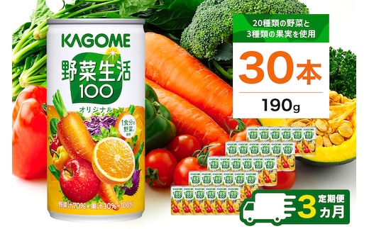 【定期便3ヵ月】カゴメ 野菜生活100 オリジナル 190g缶×30本 1ケース 毎月届く 3ヵ月 3回コース【 栃木県 那須塩原市 】 ns001-014