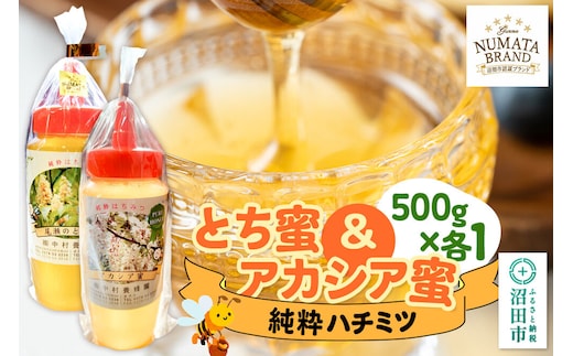尾瀬のとち蜜＆沼田市産アカシア蜜 詰め合わせ500g×各1本 計1kg 中村養蜂園 [蜂蜜 はちみつ ハチミツ 国産 群馬県産 栃 とち トチ あかしあ アカシア あかしや アカシヤ とんがり トンガリ 容器 保存食 防災食 備蓄]