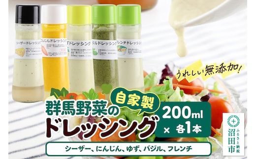 自家製・群馬産野菜で手作りドレッシング（シーザー、にんじん、ゆず、バジル、フレンチ）200ml×各1本 泙川食品