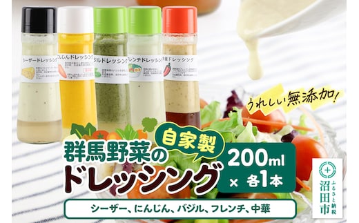 自家製・群馬産野菜で手作りドレッシング（シーザー、にんじん、バジル、フレンチ、中華）200ml×各1本 泙川食品