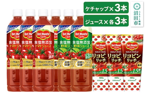 デルモンテ リコピンリッチトマトケチャップ 3本 食塩無添加野菜ジュース 3本 食塩無添加トマトジュース 3本