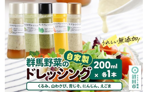 自家製・群馬産野菜で手作りドレッシング（くるみ、山わさび、青じそ、にんじん、えごま）200ml×各1本 泙川食品