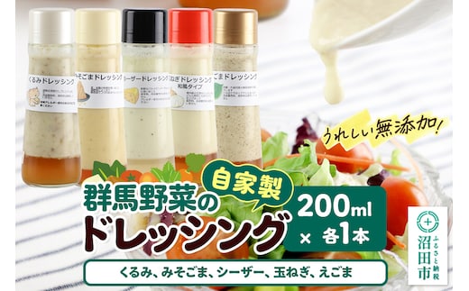 自家製・群馬産野菜で手作りドレッシング（くるみ、みそごま、シーザー、玉ねぎ、えごま）200ml×各1本 泙川食品
