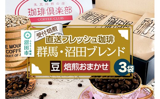 《受付焙煎》直送フレッシュ珈琲 群馬・沼田ブレンド【豆／焙煎度合いの指定はできません】各200g×3種 計600g 珈琲倶楽部 沼田店