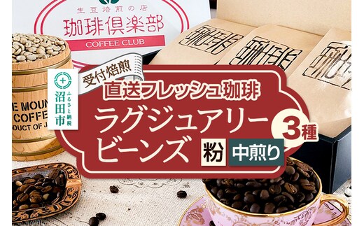 《受付焙煎》直送フレッシュ珈琲 ラグジュアリービーンズ【粉／中煎り】各200g×3種 計600g 珈琲倶楽部 沼田店