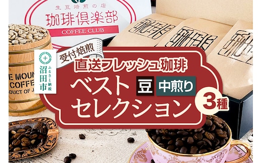 《受付焙煎》直送フレッシュ珈琲 ベストセレクション【豆／中煎り】各200g×3種 計600g 珈琲倶楽部 沼田店
