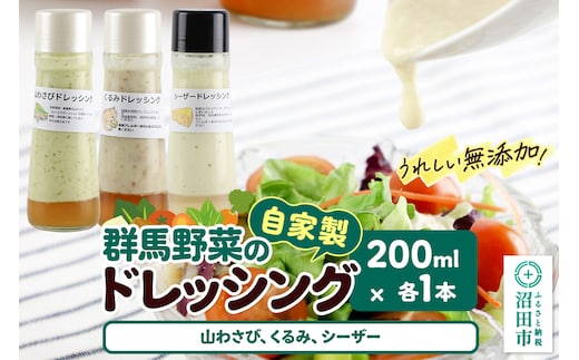 自家製・群馬産野菜で手作りドレッシング（山わさび、くるみ、シーザー）200ml×各1本 泙川食品