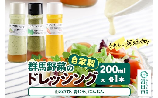 自家製・群馬産野菜で手作りドレッシング（山わさび、青じそ、にんじん）200ml×各1本 泙川食品