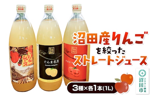 沼田産りんごを搾ったストレートリンゴジュース 3種×各1本 計3本セット 真田りんご園