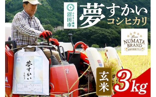 《令和8年産 新米予約》 沼田市産コシヒカリ（夢すかい）玄米 3kg [こしひかり コシヒカリ ゆめすかい ユメスカイ 夢すかい 玄米 お米 1回だけ 1回のみ 先行予約 新米 10月中旬以降発送]