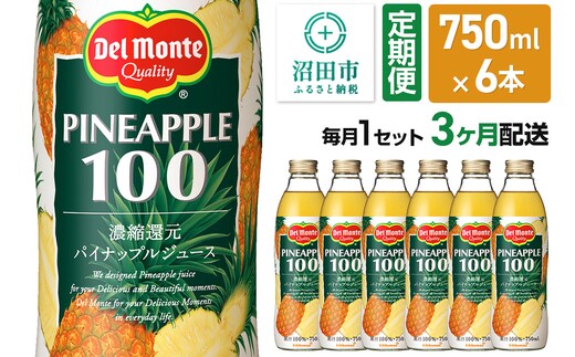 《定期便3ヶ月》デルモンテ パイナップルジュース 瓶 750ml 6本セット