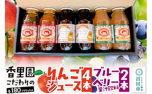 《11月発送》香里園こだわりの100％りんごジュース4本とブルーベリー果汁飲料2本セット（小瓶）各180ml