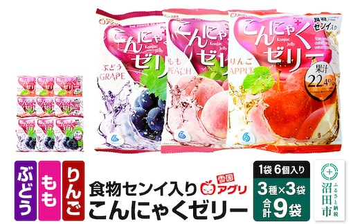 食物センイ入り「こんにゃくゼリー」ぶどう味・もも味・りんご味 3種 各16g×6個×3袋 計9袋 ピロータイプ 雪国アグリ株式会社