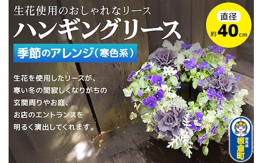 ハンギングリース 季節のアレンジ (寒色系) 直径約40cm【生花 ビオラ インテリア 玄関 バスケット 寄せ植え プレゼント 贈り物】