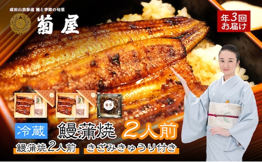 国産うなぎ 定期便 3回 菊屋謹製 鰻蒲焼 2人前 きざみきゅうり セット 【 ウナギ 定期便 蒲焼き 惣菜 冷蔵】