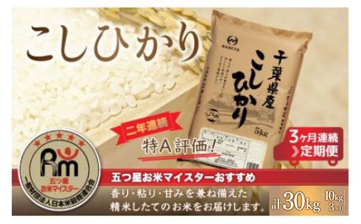 ＜3ヶ月定期便＞2年連続特A評価！千葉県産コシヒカリ10kg×3ヶ月連続 計30kg ふるさと納税 米 お米 定期便 10kg 3か月 30kg 千葉県産 大網白里市コシヒカリ 精米 こめ 送料無料 E020