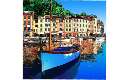 版画 鈴木英人版画 「ポルトフィーノ」 フレーム付き 絵画 アート 絵 芸術 インテリア サイン入り イタリア リビエラ海岸 港 逗子市 神奈川県