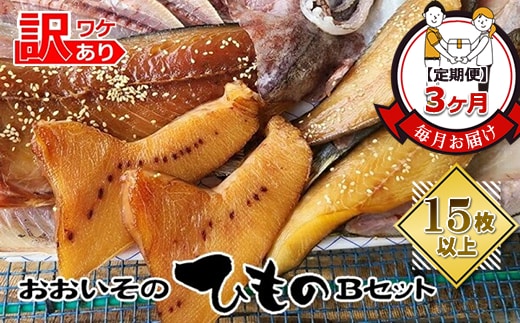 【定期便3か月】おおいその干物Bセット（15枚以上）／ 季節で変わる旬な訳あり品 【 ひもの 魚 天日干し 神奈川県 大磯 湘南 特産品 3回お届け 神奈川県 大磯町 自家製干物 贈答品 地魚 お歳暮・お中元】
