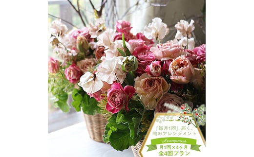 【アレンジメント定期便】＜4ヶ月連続で毎月お届け（全4回プラン）＞ 旬のお花と 季節のグリーン、実物や枝物等を合わせてご用意いたします。 花色はお任せいただきます。【 生花 アレンジメント 神奈川県 大磯町 】