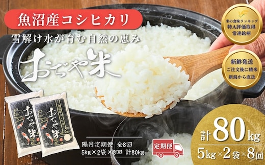 【8か月定期便（毎月発送）】 令和7年産 新潟県 魚沼産コシヒカリ「おぢや米」合計80kg(5kg×2袋×全8回)【0002-JA19DB00-01】