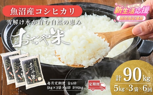 【6か月定期便（毎月発送）】 令和7年産 新潟県 魚沼産コシヒカリ「おぢや米」合計90kg(5kg×3袋×全6回)【0002-JA23DB00-02】