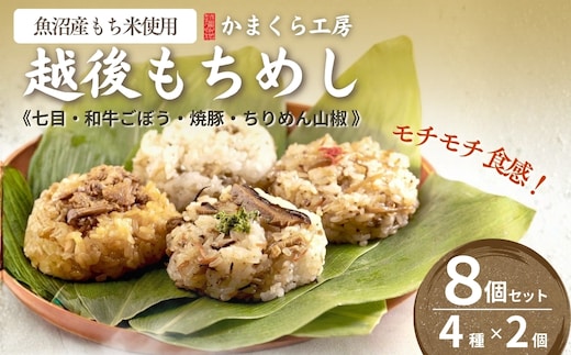 【国産具材のみ使用】モチモチ食感！新潟県産もち米の越後もちめし8個セット(七目・和牛ごぼう・焼豚・ちりめん山椒 各2個) 冷凍・レンジで簡単調理 保存料無添加 かまくら工房 【0012-0001-01】