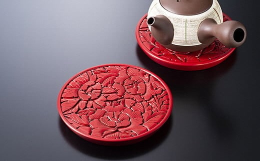 B4083 村上木彫堆朱 急須台(牡丹唐草)