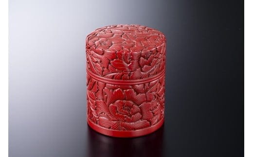 F4012 村上木彫堆朱 茶筒 牡丹唐草文