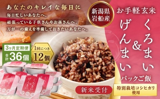 【新米受付・令和8年産米】【3ヶ月定期便】【お手軽玄米】くろまい&げんまい パックご飯 150g 12個入り×3ヶ月(特別栽培コシヒカリを使用) 1039027N|玄米 黒米 アントシアニン 健康志向 便利 簡単 毎月届く 新潟県 村上市