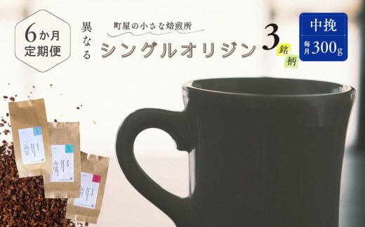 【定期便:6ヶ月連続でお届け】シングルオリジンコーヒー 100g × 3品種(中挽き)計300g×6ヶ月 1075016 コーヒー 珈琲 粉