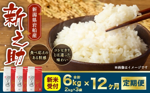 【新米受付・令和8年産米】 【定期便 12ヶ月】新潟県村上市岩船産 新之助 精米6kg(2kg×3個セット)×12ヶ月 1050016N