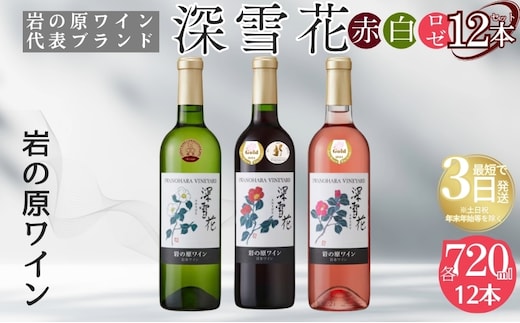 ワイン 岩の原ワイン代表ブランド 深雪花 赤 白 ロゼ 12本 セット （赤×4本、白×4本、ロゼ×4本 各720ml） お酒 岩の原 酒 ギフト 新潟 上越 最短3日で発送