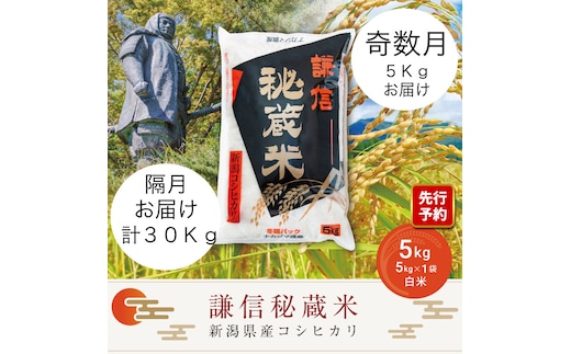 先行予約 令和8年産 新潟県産 コシヒカリ 定期便 奇数月発送（5kg×6回分） 謙信秘蔵米 真空 窒素挿入 冬眠パック 精米 上越市 上杉謙信 新米