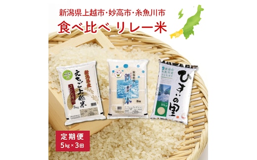 令和8年（新米） 上越地域3市 リレー米 食べ比べ 定期便 5kg×3回 15kg コシヒカリ 新潟県 上越市 妙高市 糸魚川市 JAえちご上越米 精米